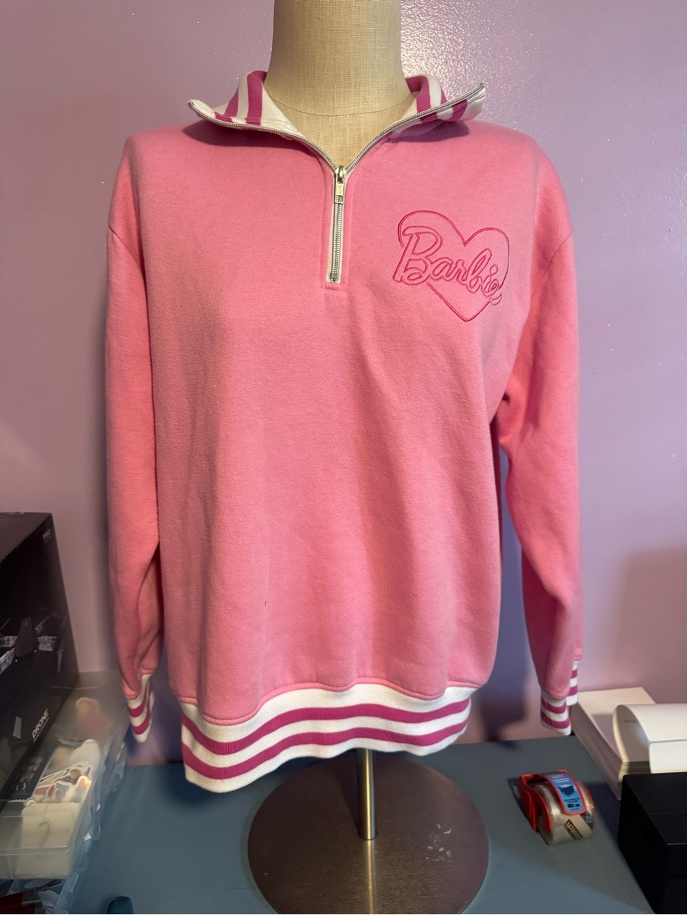 Barbie Pink Striped-Trim Half-Zip Sweatshirt
